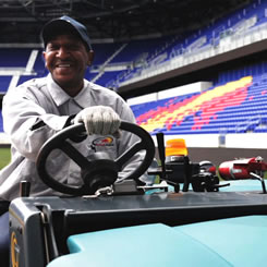 man on facility vehicle in Red Bull stadium