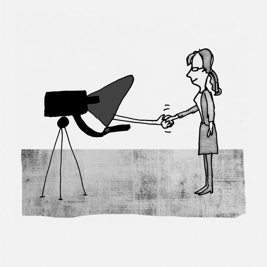 An illustration of a woman shaking hands with a teleprompter